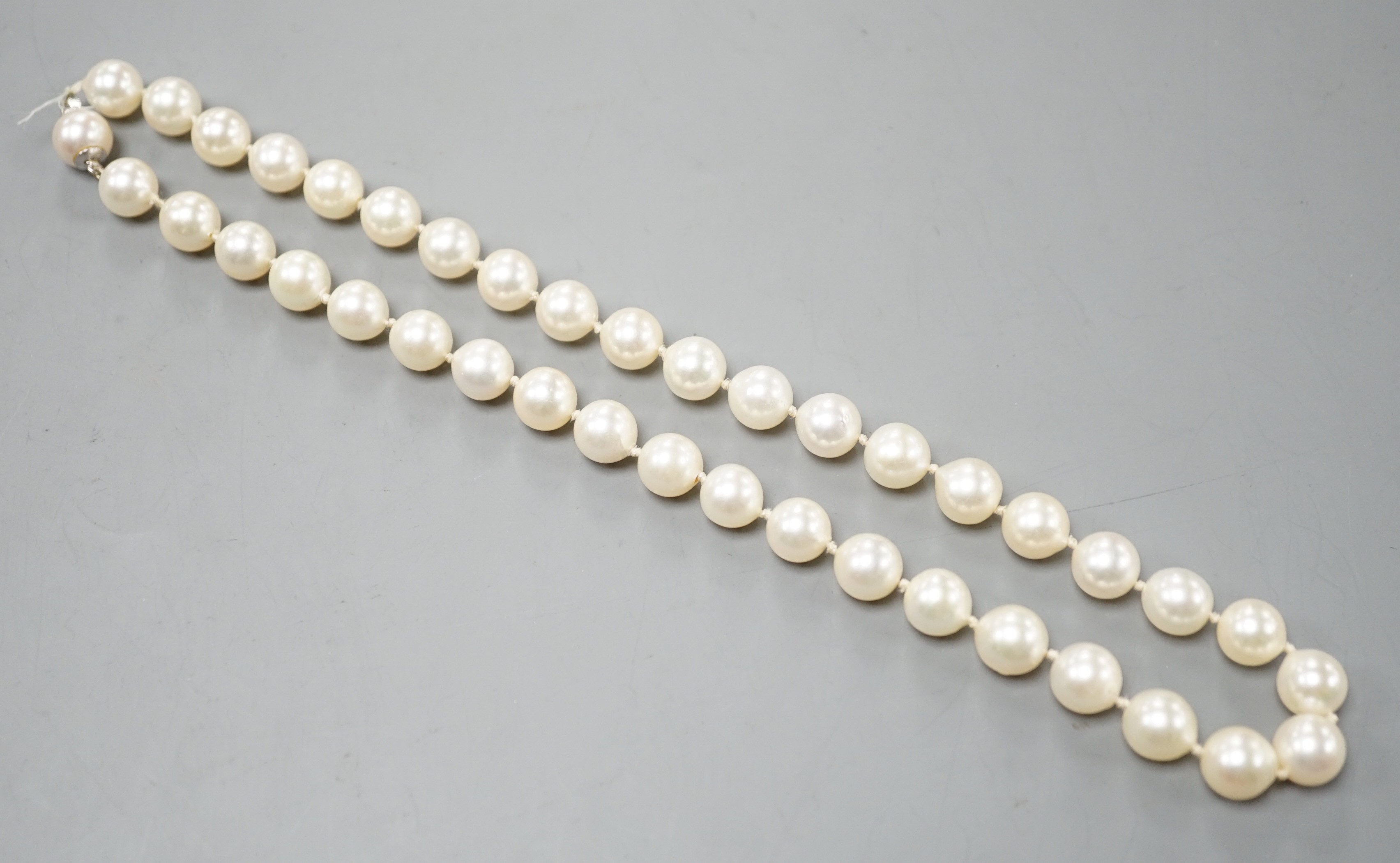 A modern single strand cultured pearl necklace with 750 white metal clasp, 42cm.